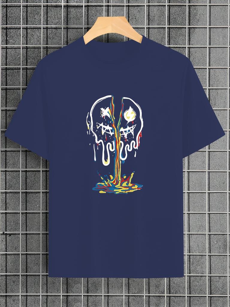 Men's Trendy Skull & Floral Joyful Face Print T-Shirt - Casual Black Crew Neck, Breathable  Blend, Machine Washable for Summer