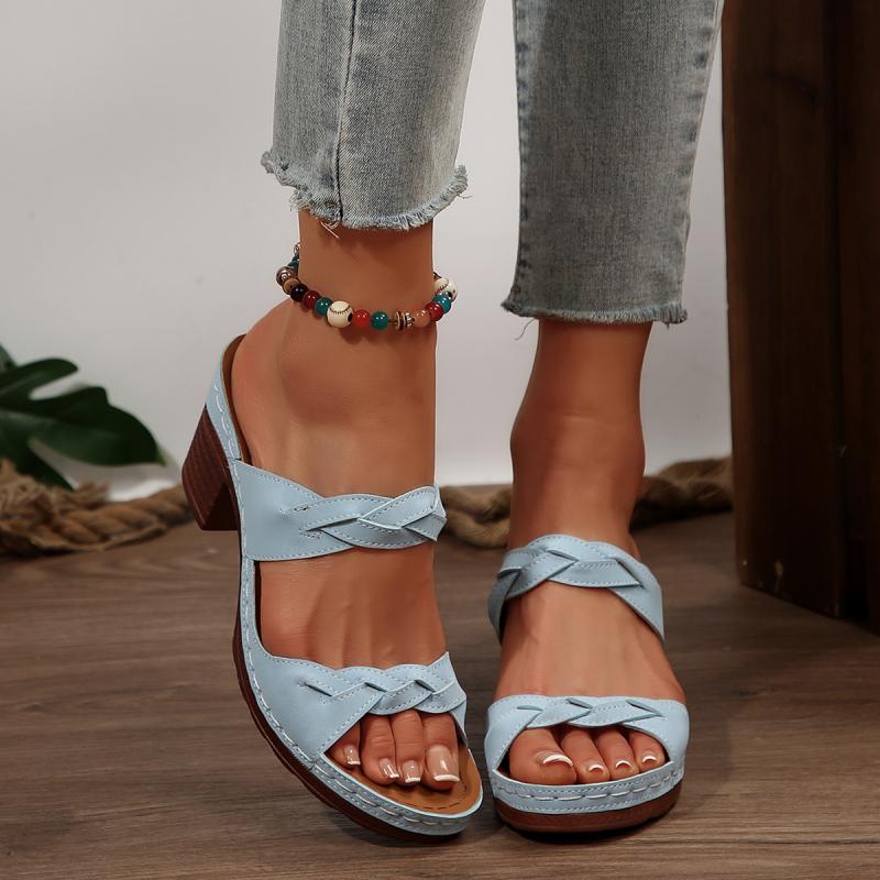 

Fashion Daily Round Toe Back Strap Splippers Women 2025 Summer Square High Heels Shoes Women Elegant Mixed Colors Comfortable Slides 43 синий