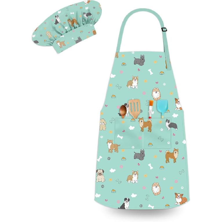 Kids Chef Hat and Apron, Adjustable Kids Aprons with Pocket Girls Boys Kitchen Toddler Aprons for Cooking Baking Green Dog