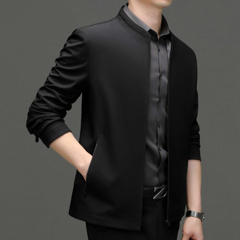 Men's High-end Stand-up Collar Mulberry Silk Jacket Spring and Autumn New Middle-aged Solid Color Casual Thin Jacket Dad Style Men's Clothing