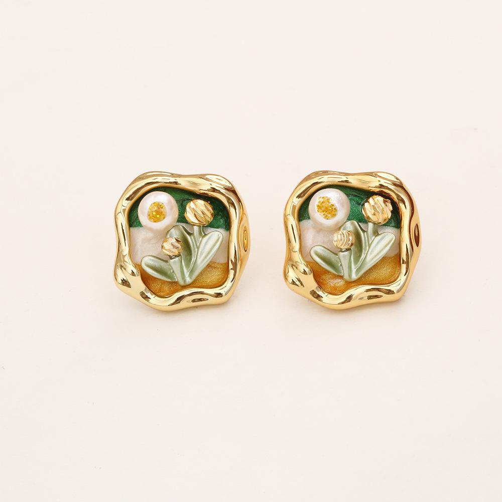 Monet Garden Geometric Freshwater Pearl Stud Earrings - Chinese Style Oil Painting Fashion Jewelry for Women