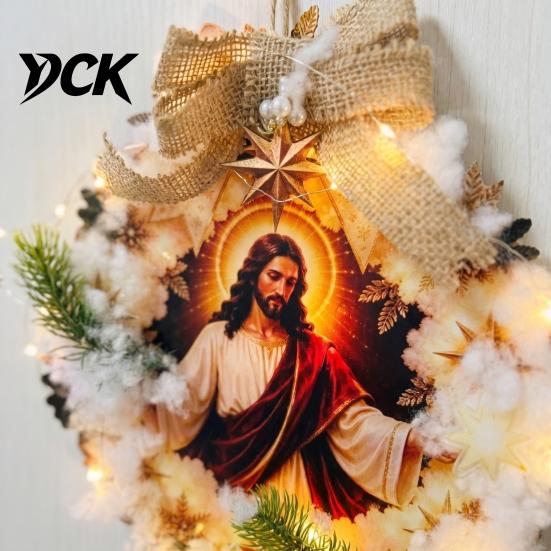 Religious Home Accents Pre-Lit Nativity Wreath, Battery Powered Lighted Hanging Wreath with Burlap Retro Style Holiday Gift Bow And Star for Christmas