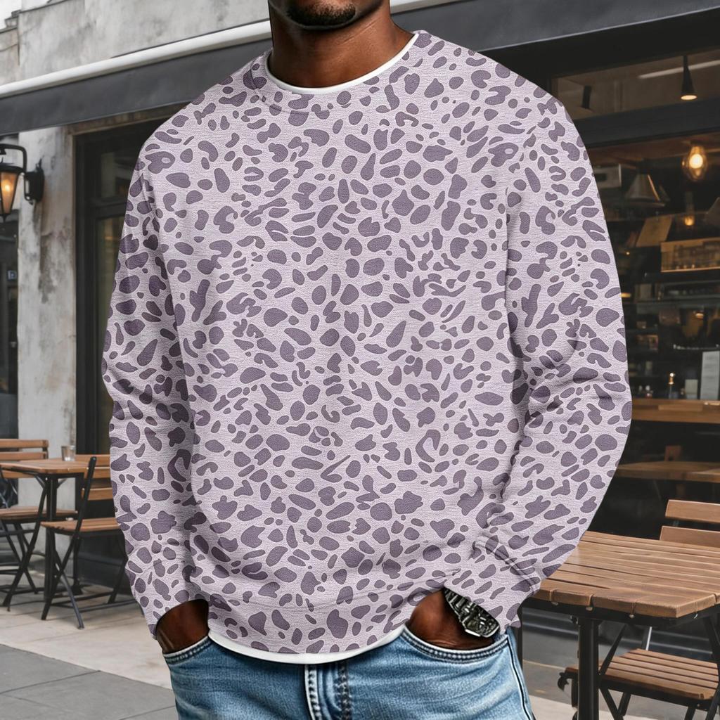 Men's Trendy Loose Fit Casual Leopard Print Long Sleeve Top with Lapel Collar