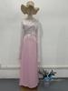 2026 Spring Socialite Slimming Spliced Glass Yarn Long Sleeve Satin Dress