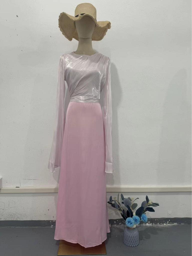2026 Spring Socialite Slimming Spliced Glass Yarn Long Sleeve Satin Dress
