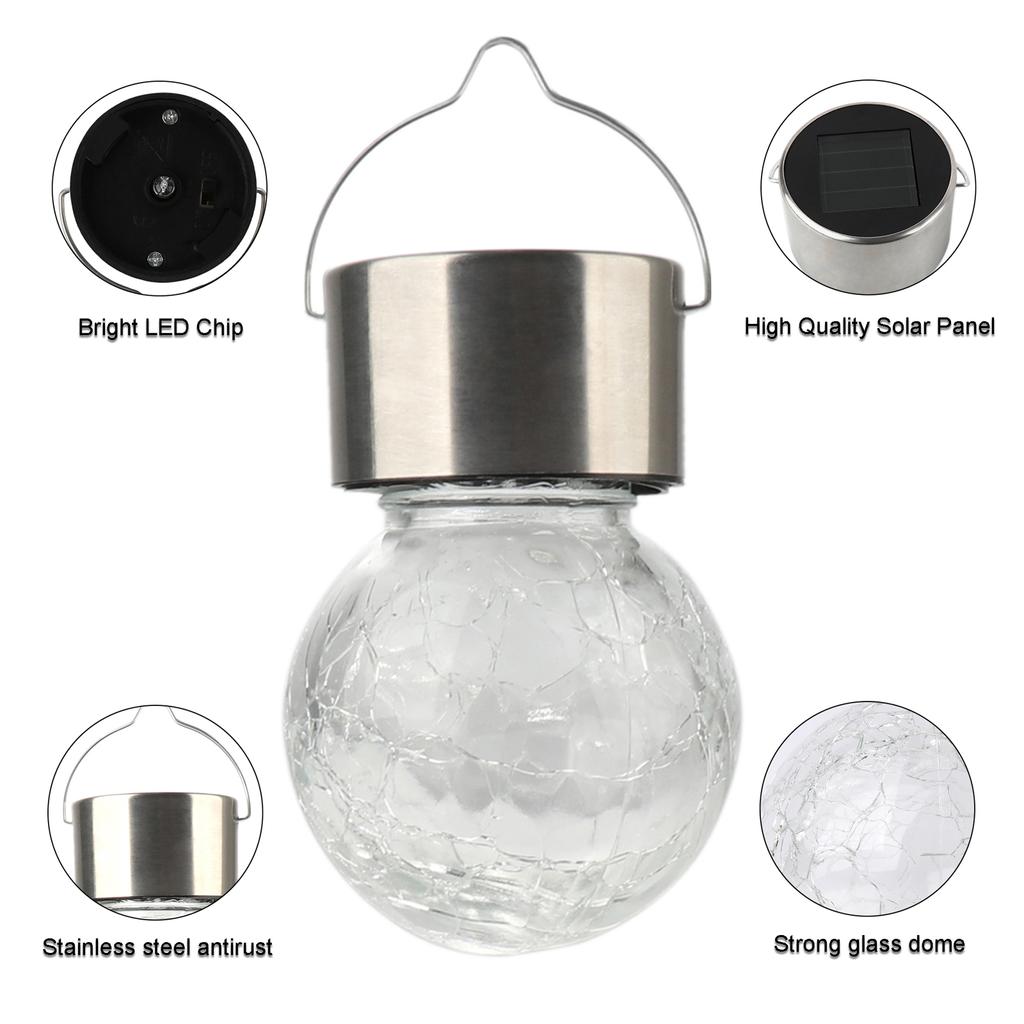 Solar Hanging Light Outdoor Cracked Glass Ball Lantern for Yard Patio Fence Tree White Light