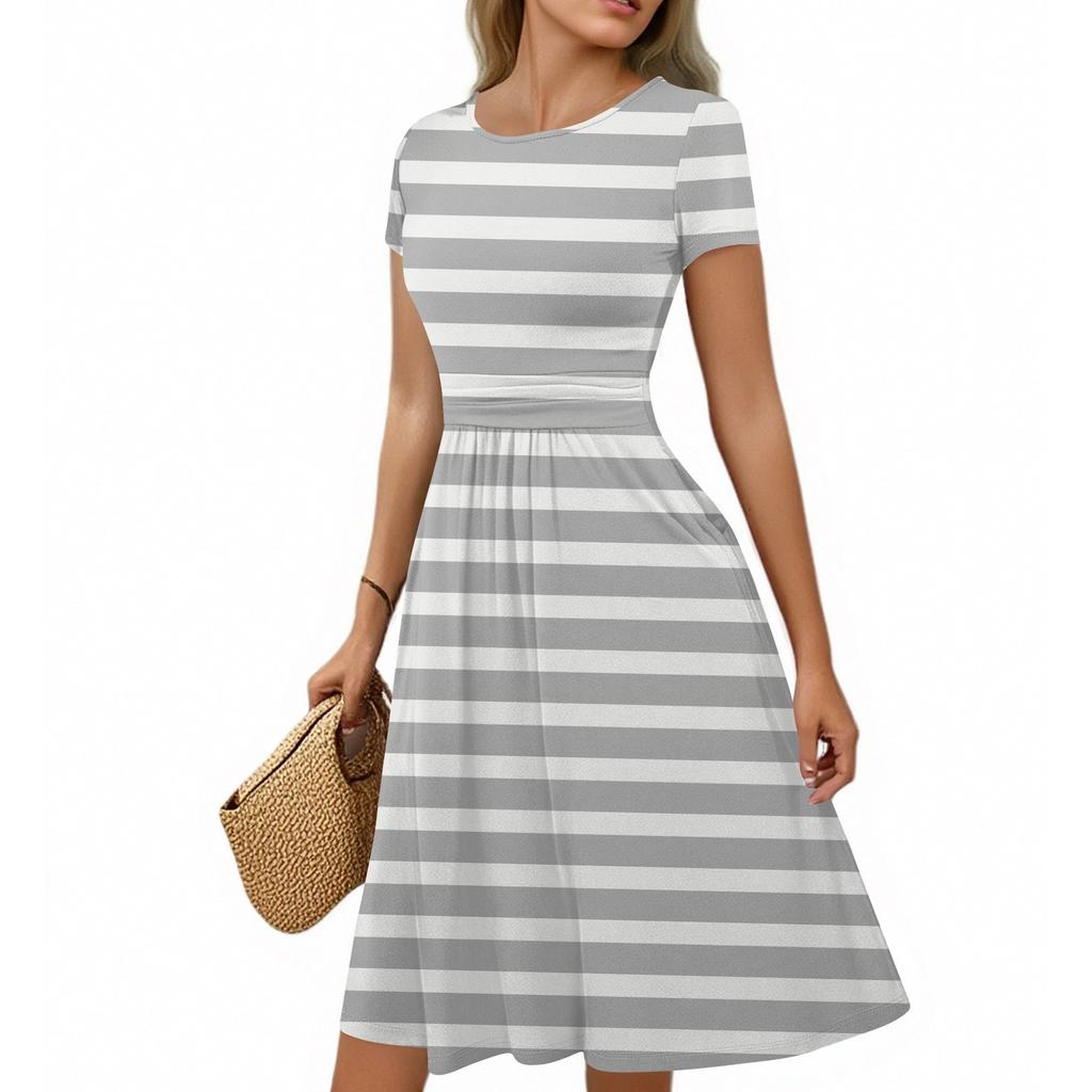 Women's Casual Fashion Round Neck Pleated Short Sleeve Retro Floral A-Line Midi Dress