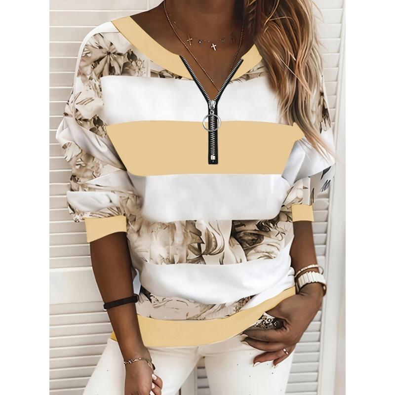 Women's Long Sleeve Patchwork Zip-Up Top