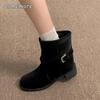 Fashion Autumn Winter Round Toe Women Ankle Boots Fashion Belt Buckle Slip On Square Heels Short Booties Office Ladies Daily Footwear