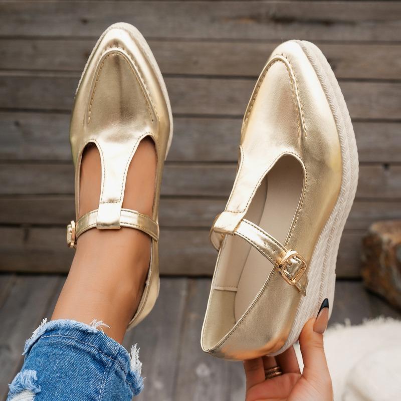 Fashion Women's Fashion Slope Heel Shoes Spring New Pointed Head Shallow Mouth Metal One-line Buckle Waterproof Platform High Heels