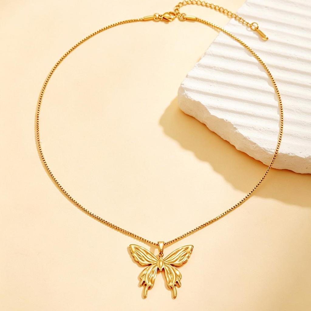 18K Gold Butterfly Pendant Necklace with Stainless Steel Snake Chain for Women