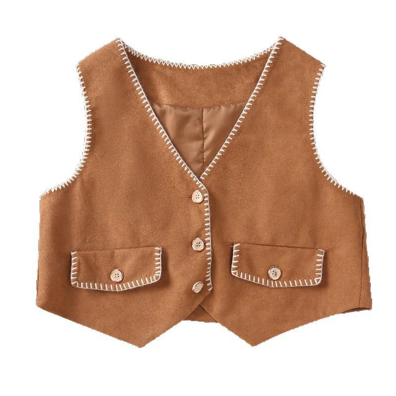 Girls' Autumn British Retro Vest & Ruched Long Dress Two-Piece Set