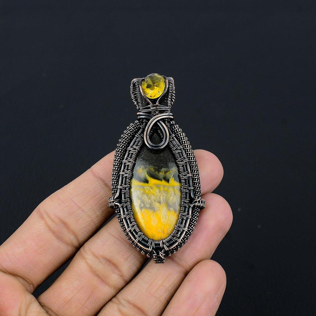 Bumblebee Jasper Pendant, 999 Copper Wire Wrapped Gemstone Jewelry, Handmade Pendant, For Mother Day