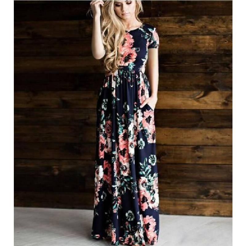 Elegant Summer Floral Print Long Sleeve Dress For Women In White Pink Green And Navy Blue
