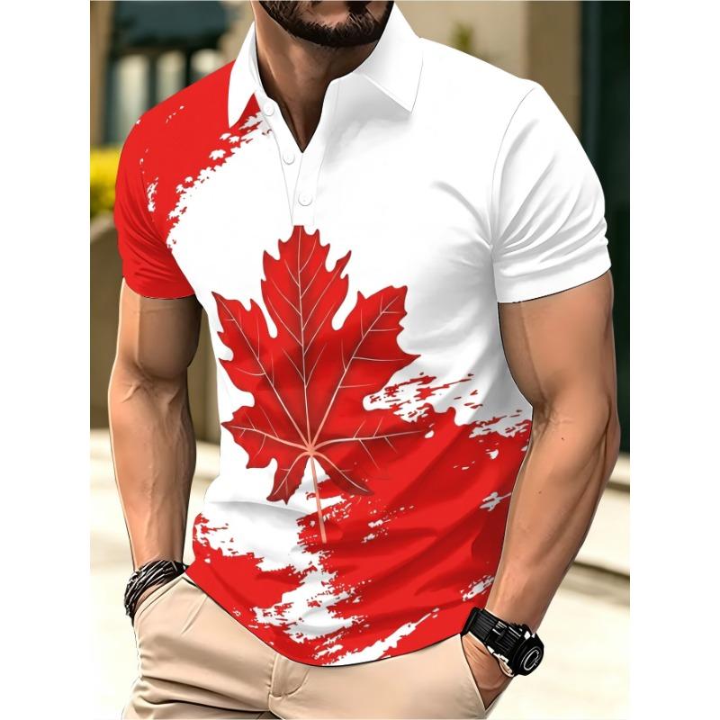 Men's short-sleeved POLO shirt summer casual POLO shirt eye-catching maple leaf red print