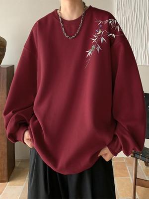 Trendiger weinroter Herrenpullover im chinesischen Stil, runder Kragen, lockere Passform, perfekt für Frühling und Herbst.
