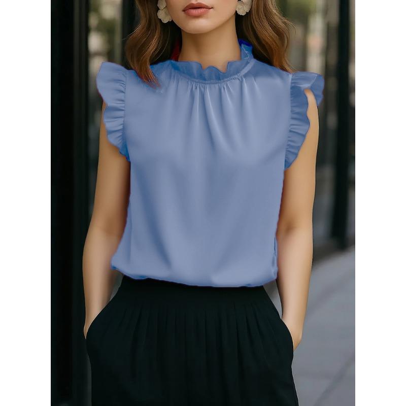 

Женская элегантная блузка с оборками, без рукавов, с воротником-стойкой, однотонная, повседневная, для офиса S серый