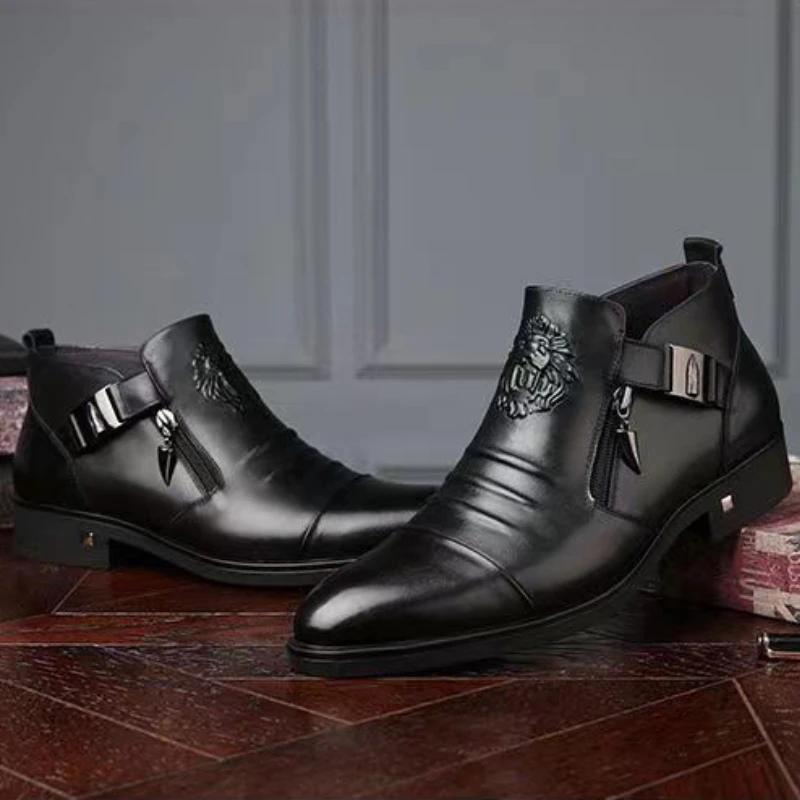 Trendy Men Boots Luxury Men's Shoes High Quality Leather Embossing Men's Boots Zip Male Leather Shoes Hard-Wearing Work Footwear