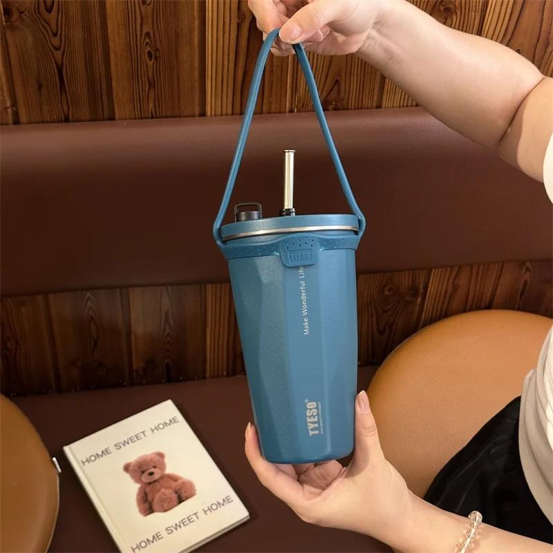 Stainless Steel Coffee Cups Vacuum Insulated Mugs Portable Large Capacity Ice Bar Thermal Cup with Silicone Rope Straw Water Cup