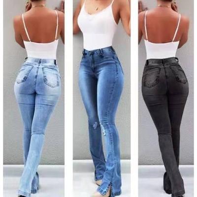 Europäische und amerikanische Damenjeans, sexy Slim Fit und schlankmachende, perforierte Schlaghosen, lange Hosen