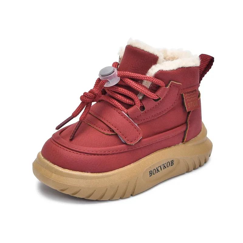 

Students Ankle Boots for Winter Trendy Boys Girls Warm Boots with Pull Rope Kids Short Boots with Fur Non-slip 21 красный