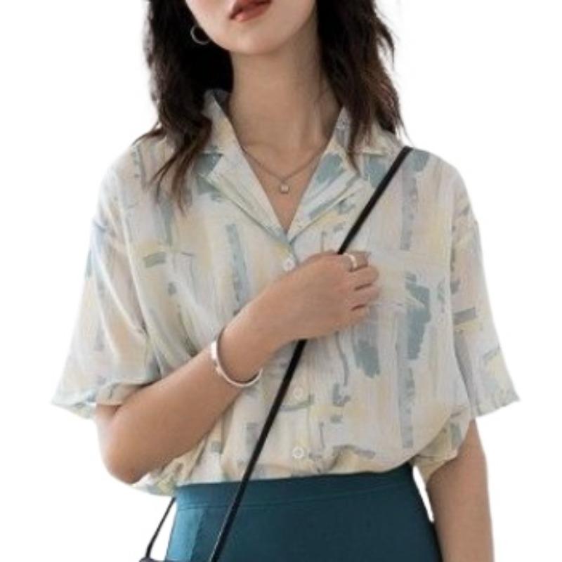 Printed Style Women's Shirt Summer Loose Thin Turndown Collar Button Up Ladies Shirts Fashionable Famale Minimalist Style Casual Top