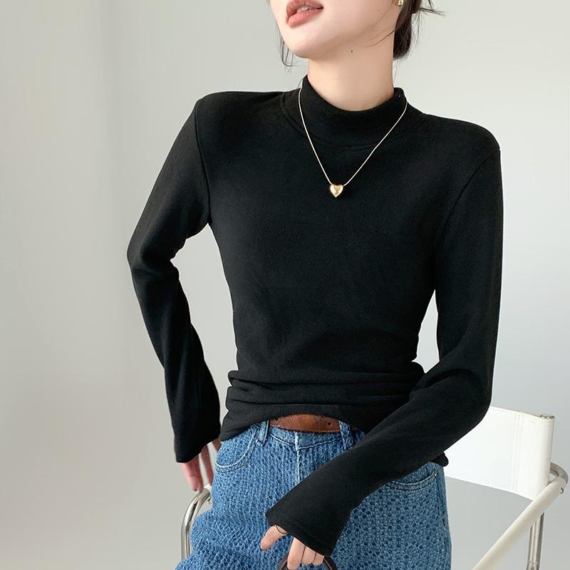 Damen Herbst- und Winter-Basisshirt mit halbohem Kragen, schlank geschnitten, fleecegefüttert, verdickt, winddicht, warm, langärmeliges Oberteil