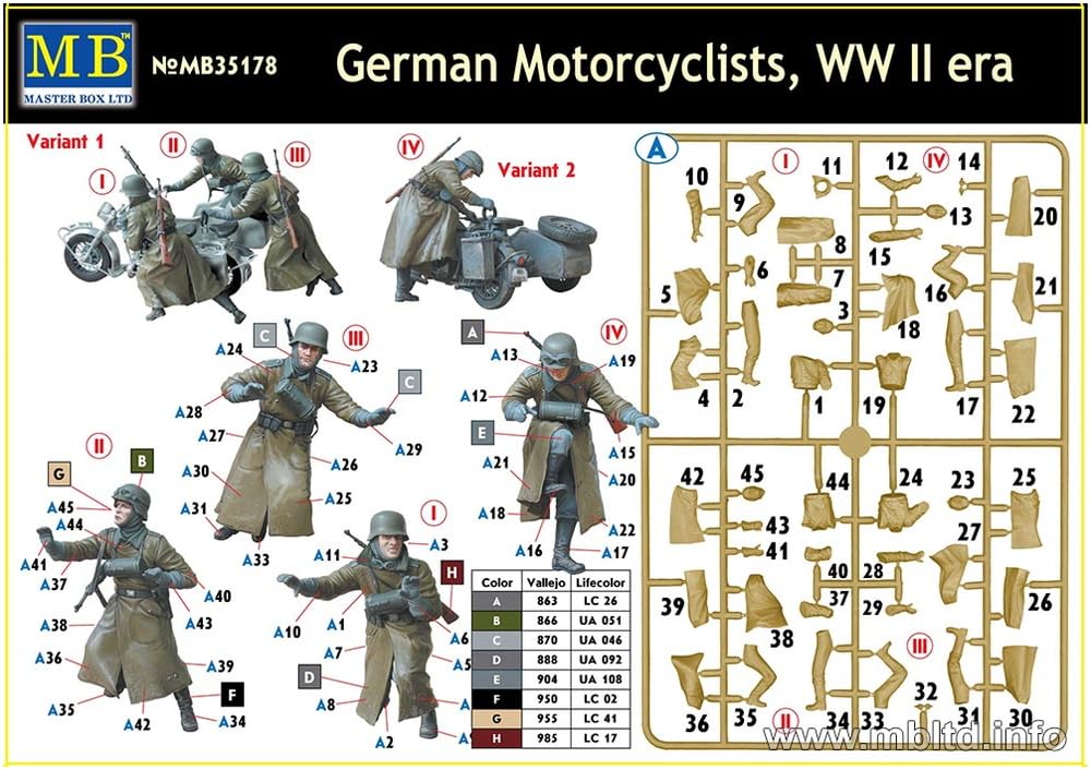 Master Box 1/35 Scale German Motorcycle Soldier (4 Figures), Coat Style, Rough Road Escape Scene, Second World War Plastic Model Kit, MB35178