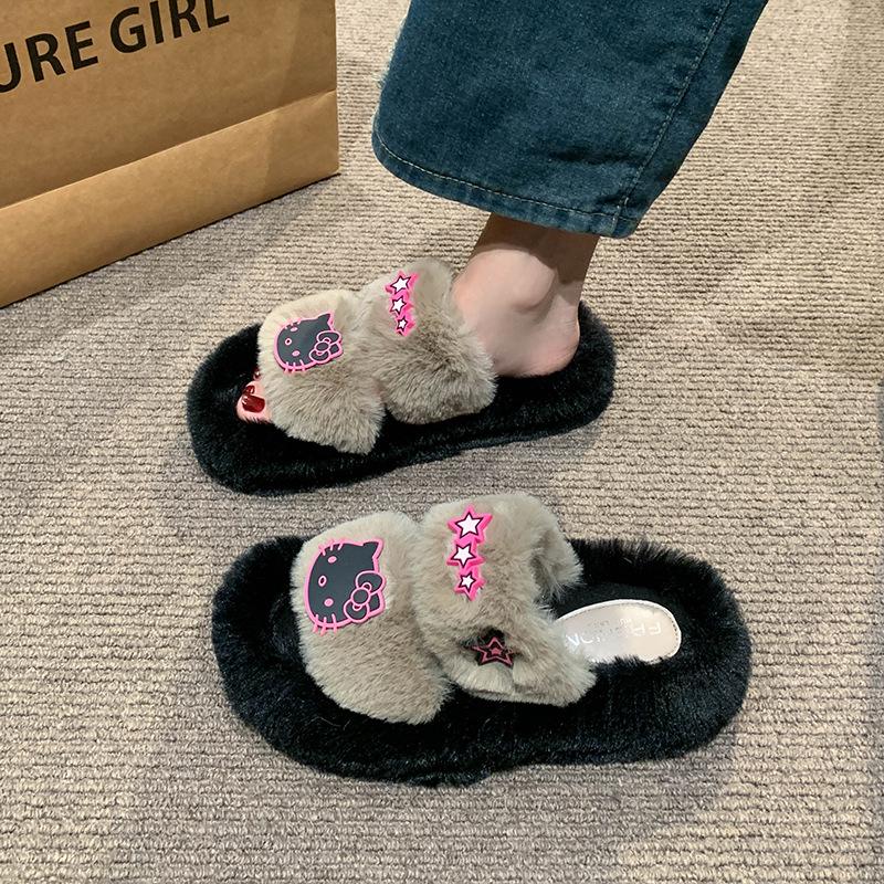 Internet Celebrities One Word Warm Thick Bottom Heightening Fluffy Slippers Women Wear 2025 New Autumn and Winter Super Fire Non-slip Cotton Slippers