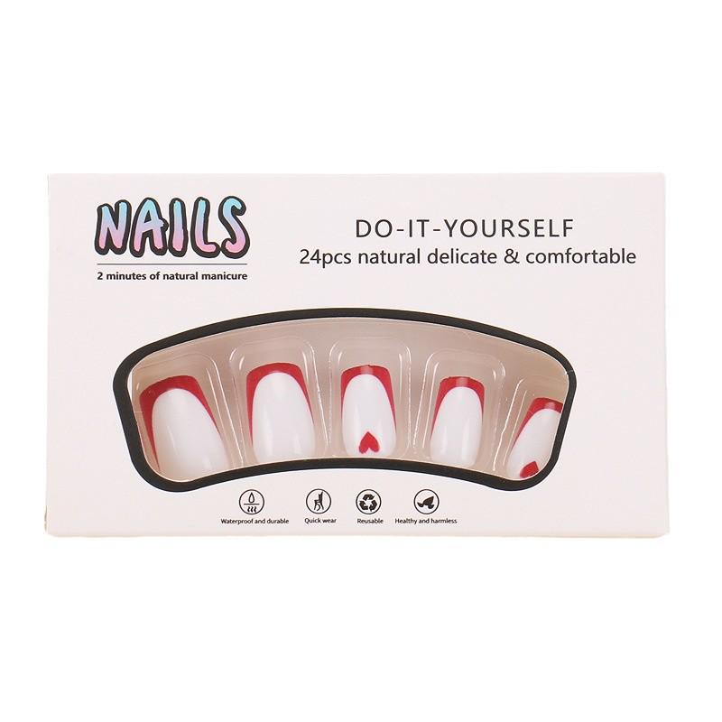 Trendy European & American Heart-Edge French Red Nail Art Set - 24 Wearable Pieces