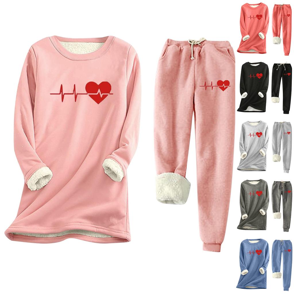 Women's Print Round Neck Warm Suit Long Sleeve Fleece Drawstring Sweatpants Two-Piece Set