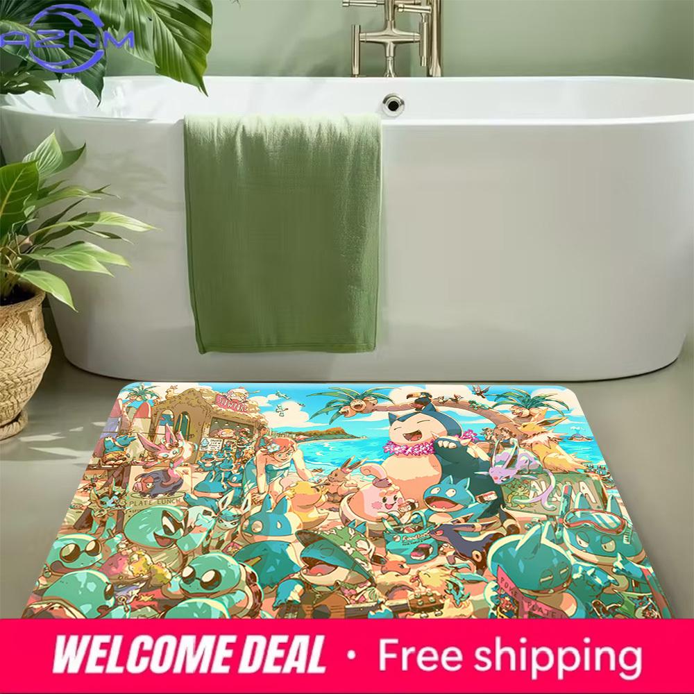 Pokemon Snorlax and Friends Tropical Beach Party Print Doormat Anti-slip Absorbent Floor Mat for Home Entrance Bedroom Living Ro