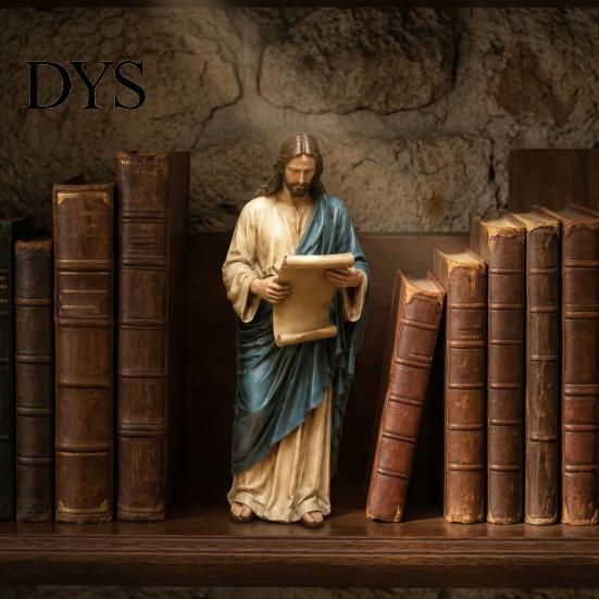 Sacred Figurine Gifts Jesus Reading Bookshelf Figure, Vintage Holy Christian Sculpture, Hand Painted Blessed Minimalist Art Resin Statue for