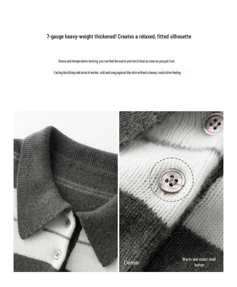 Seven-Gauge Thickened Cashmere V-Neck Color-Block Stripe Polo Collar Pullover