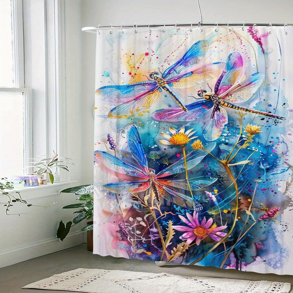 Waterproof Artistic Dragonfly Bath Curtain With 12 Hooks - Suitable For Home, Hotel, And Machine Washable
