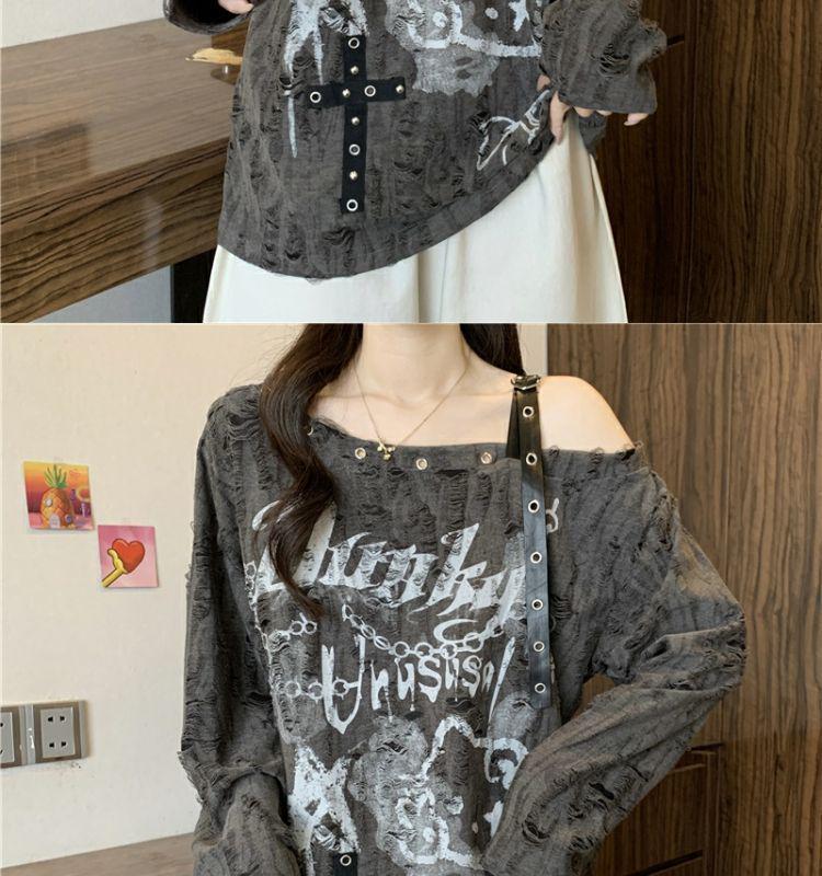 Asymetryczny, podarty T-shirt Plus Size z odkrytymi ramionami: Wyszczuplający top z długim rękawem na wiosnę/jesień