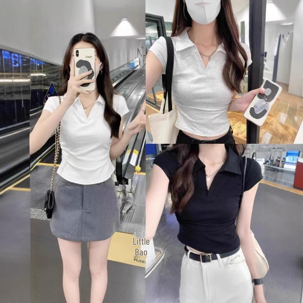 

Pure and Sexy Polo-Collar Pleated Short-Sleeve Slim-Fit Women’s Summer Top 500 pieces minimum order темно-сірий