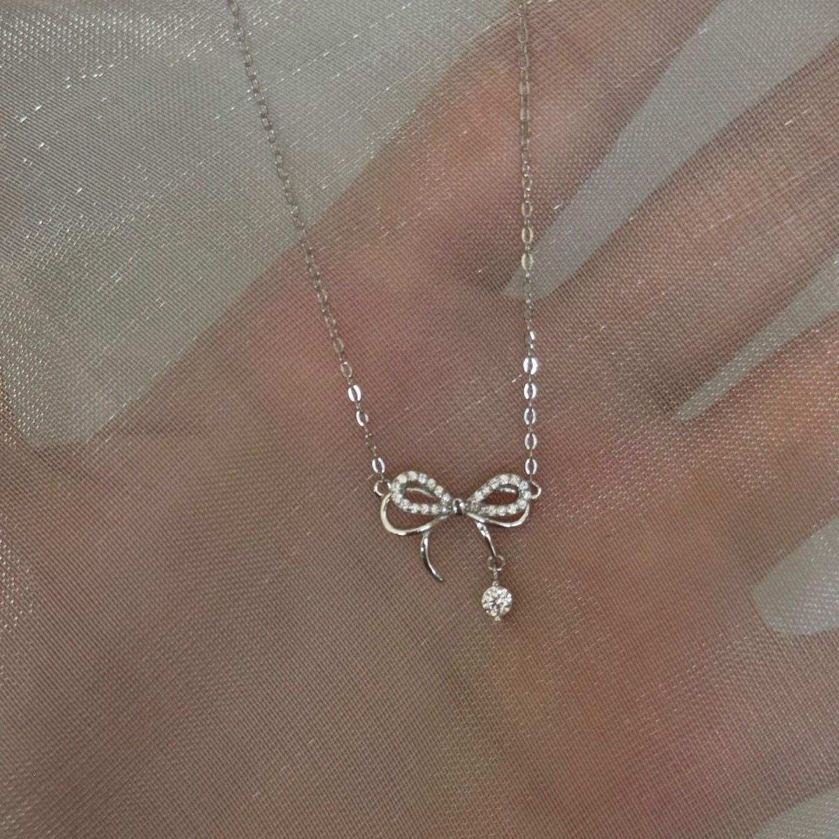 Elegant S925 Sterling Silver Diamond Bow Ballet Clavicle Chain Necklace Platinum Color