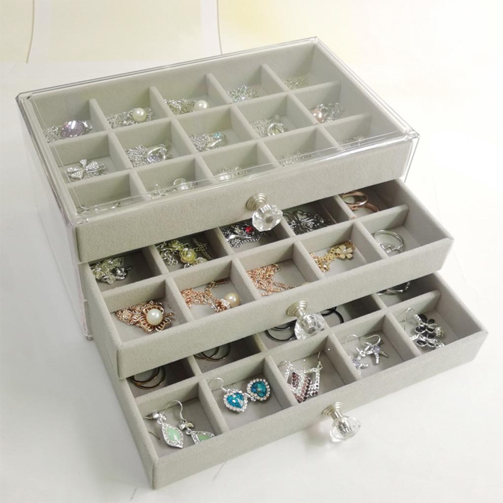 3 Layers Box 45 Grids Storage Jewelry Drawer Transparent Velvet Case Display Fashionable Holder for Women Girls