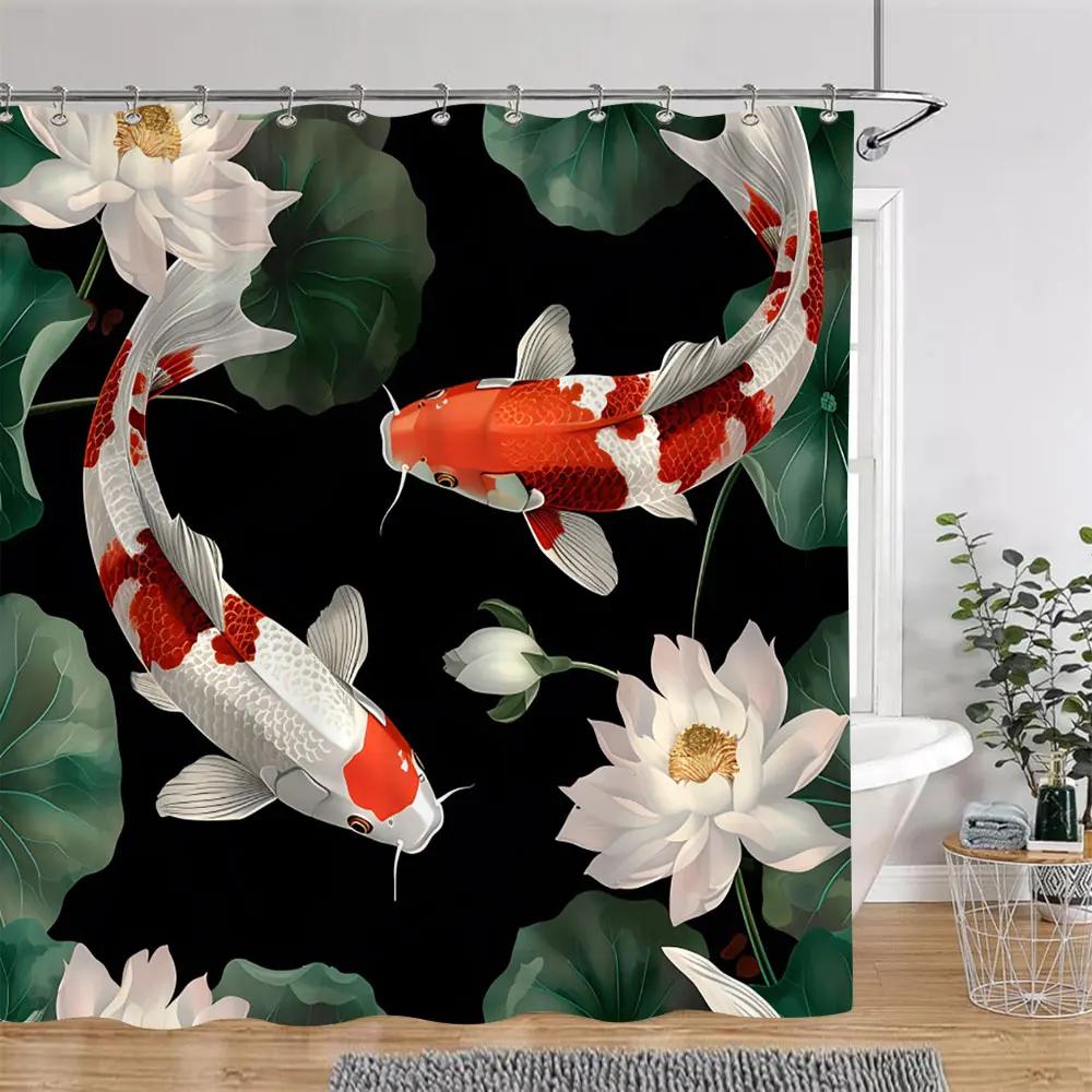 Japanese Style Shower Curtain Koi Fish Cherry Blossom Sun Sea Wave Octopus Landscape Polyester Fabric Curtains Bathroom Decor