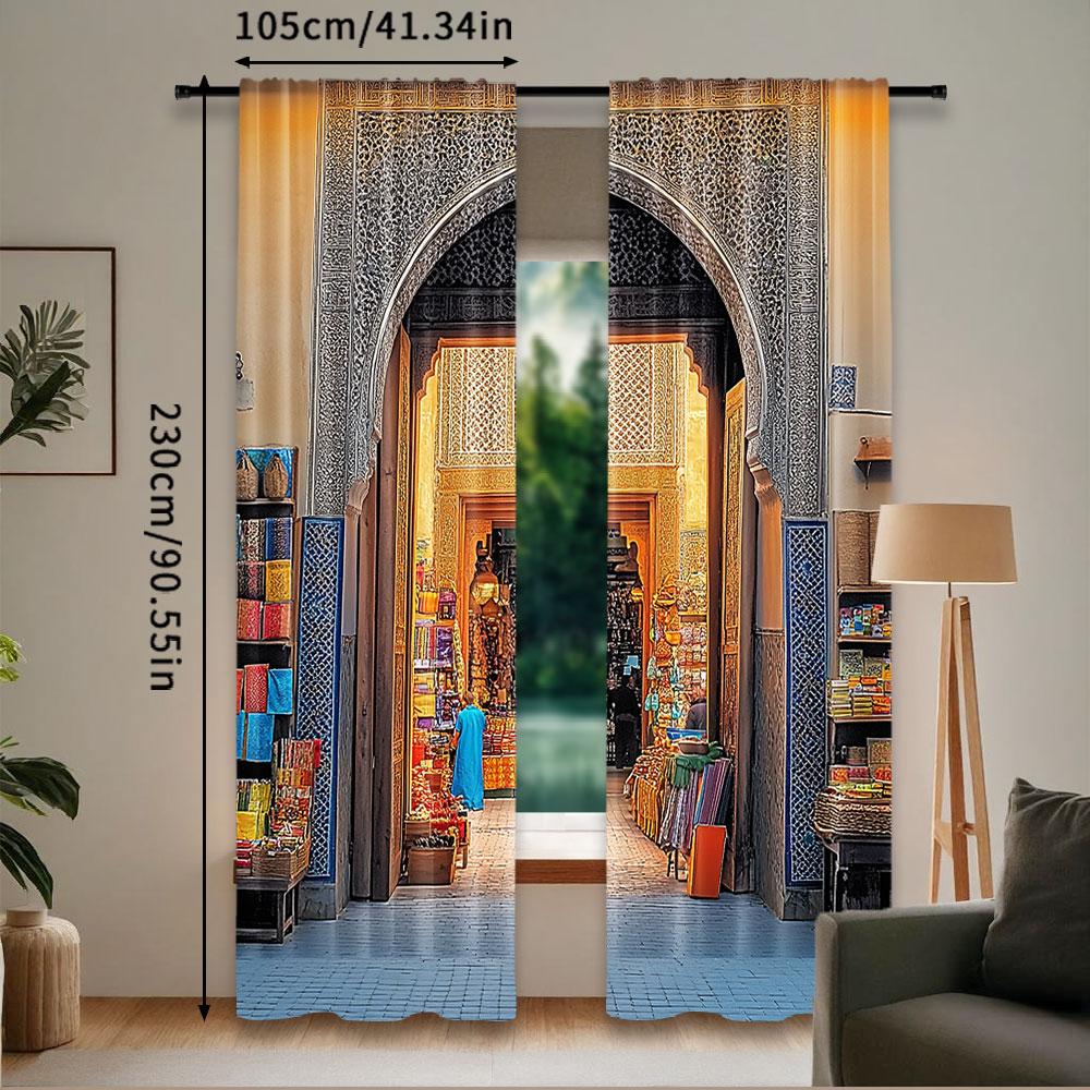 2Pcs Moroccan Curtains Typical Moroccan Door To Old Medina Mediterranean Historical Arch Entrance For Bedroom Living Room And
