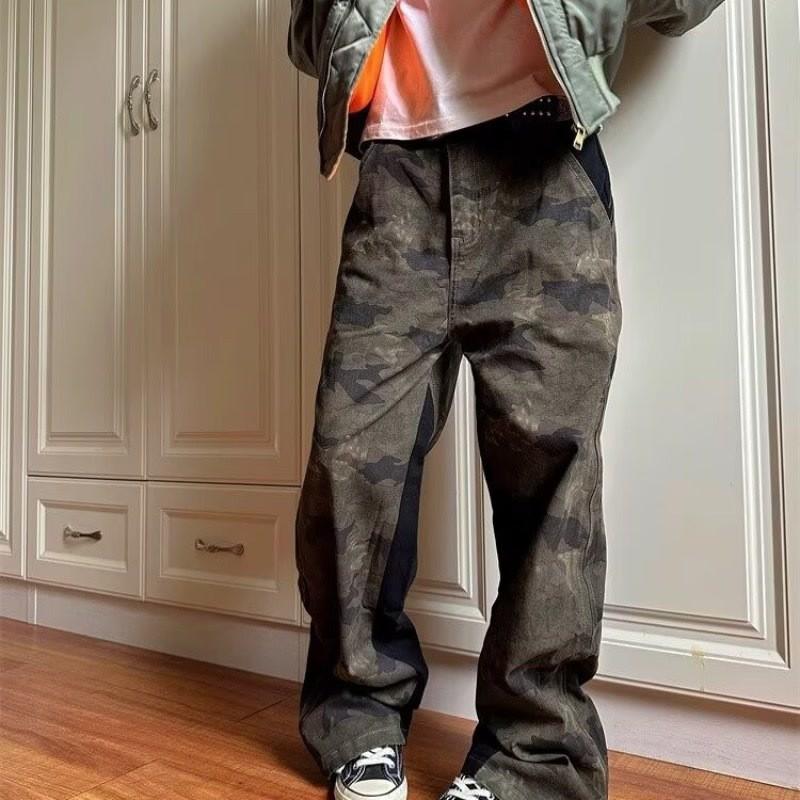 Vintage Distressed Cargo Jeans Men Women Loose Straight Fit Camo Patchwork Denim Pants Casual Wear