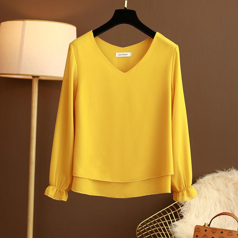Summer New Fashion Elegance Simple Korean Round Neck Long Sleeved T-shirt Women's Solid V-neck Patchwork Loose Thin Chiffon Top