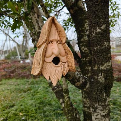 Happy Spirit Vogelhaus, Kunstharz, menschliches Gesicht, Vogelnest, handgeschnitztes Feen-Vogelhaus aus altem Baum