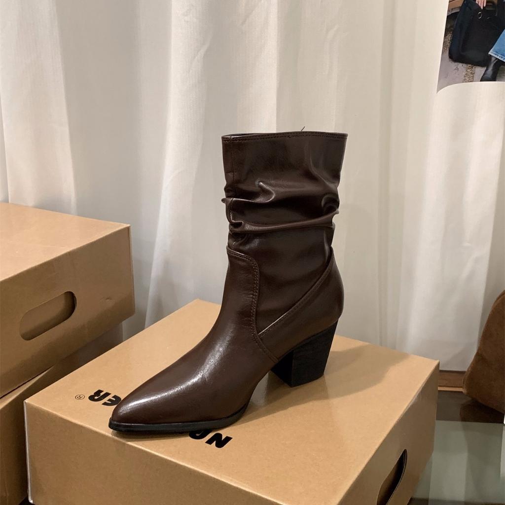 Brown Maillard Pointed High Heel Short Boots Women's Shoes 2025 Skinny Pile Boots Spring and Autumn Single Boots Coarse Heel Martin Boots