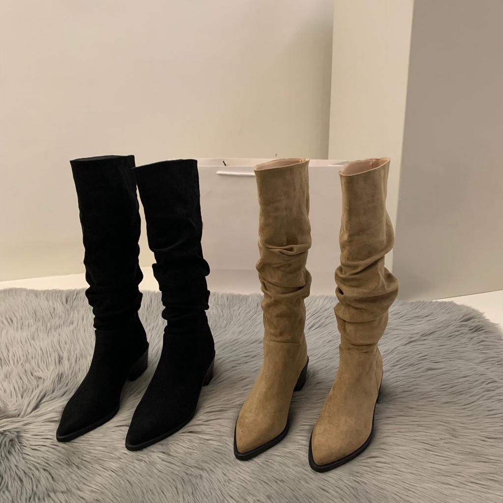 High Heel Suede Western Medium Boots Women's Season Fleece Pointed Pile Long Tube Knight Boots