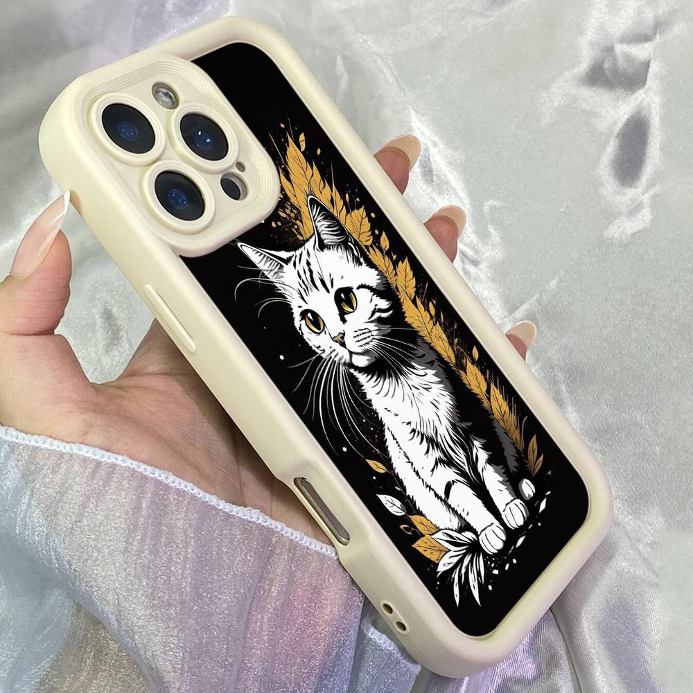 JT222 Cute white kitty art for iPhone 17 16 15 Pro Max Samsung S26 S25 Ultra A17 A16 A07 A56 A15 A06 Xiaomi 15T Redmi 15c 14C Soft TPU Case