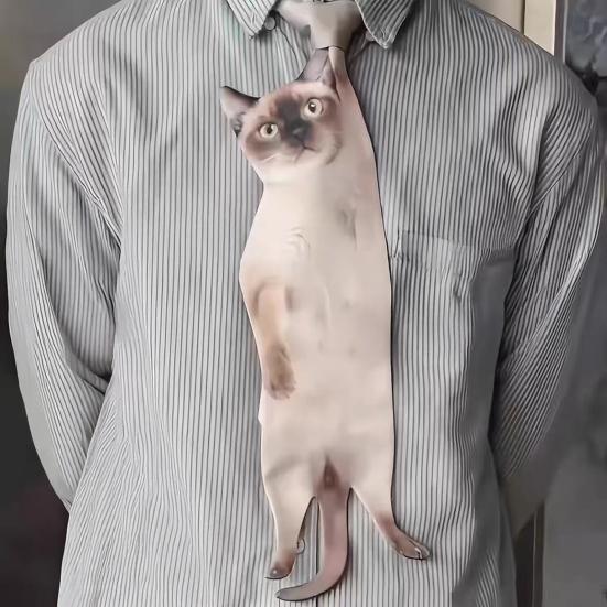 Men Tie Realistic 3D Cat Pattern Smooth Feel Neck Tie Funny Kitten Design Tie Weddings Parties Office Wear