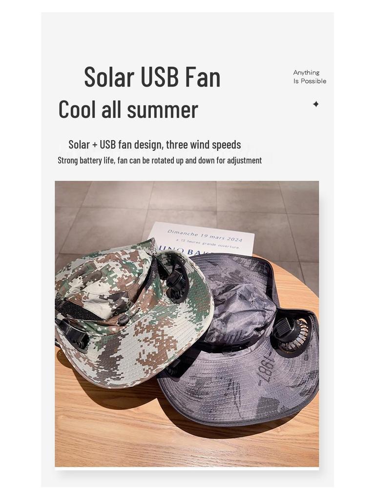Men's Solar USB Fan Hat with UV Protection - Extra Large Brim for Summer Fishing Sunshade.