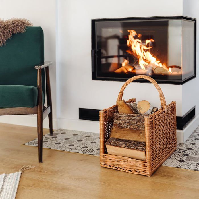Panier à bûches - CREATIVE HOME - Cheminée - Osier 100% naturel - Poignées robustes - 45x30x47 cm